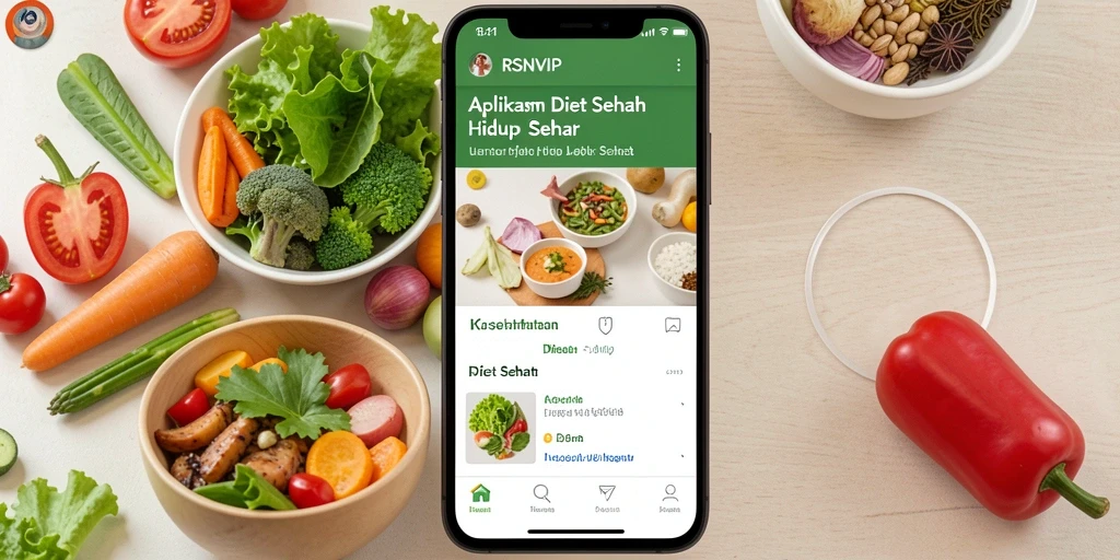 Antarmuka aplikasi RSNVIP dengan berbagai fitur diet sehat.